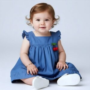 Vestido Bebê Infantil Premium com Estampa Jeans 100% Algodão e Aplique de Cereja
